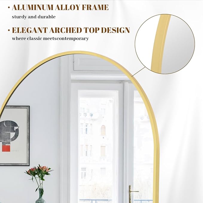 Koonmi 34"x76" Arched Full Length Mirror, Gold Large Floor Mirror with Aluminum Alloy Frame Standing Hanging or Leaning Wall-Mounted Mirror, Vanity Mirror for Living Room and Bedroom
