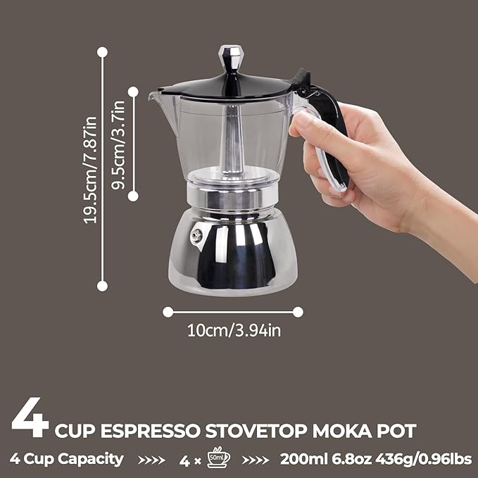 Clear Plastic Moka Pot 4 Cup 200ml Stainless Steel Coffee Maker Uncoated Stovetop Espresso Coffeemaker Italian Classic Style Brewing Greca Cafe Mocha Machine for Cafeteras Camping Travel Home Use