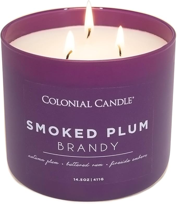 Colonial Candle Smoked Plum Brandy Jar Candle, Pop of Color Collection, 3 Wick, Purple, 14.5 oz - Up to 60 Hours Burn