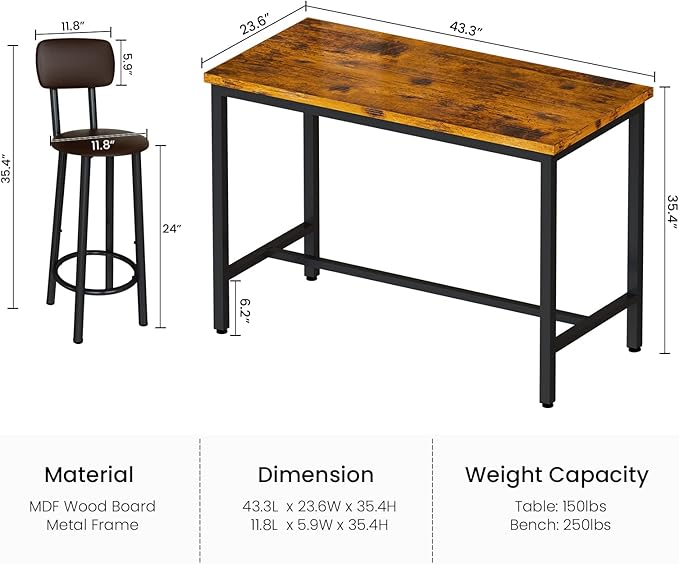 Lamerge Dining Table Set for 4 Bar Table and Chairs Set Industrial Counter Height Dining Table Set with 4 PU Upholstered Stools Kitchen Pub Table for Kitchen, Restaurant, Space Saving, Rustic Brown