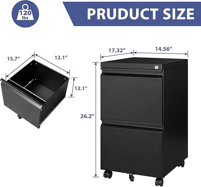 2 Drawer File Cabinet with Lock，Locking Filing Cabinet Under Desk,Rolling File Cabinets for Home Office/Legal/Letter Size,Fully Assembled (Black)