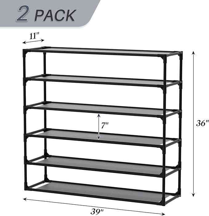 TY ARTS & CULTURE 2 Pack 6-Tiers Shoe Rack Organizer, Sturdy Metal Pipes & Durable Non-Woven Fabric, Space Saving Tall Shoe Shelf Hold 48-60airs, Shoe Rack for Entryway (Black)