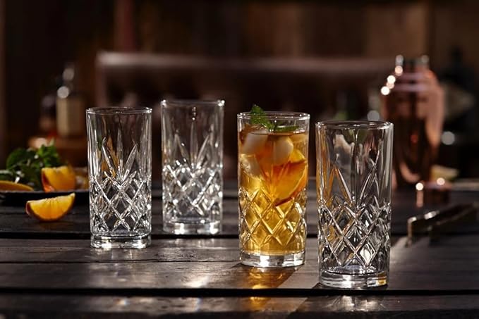 Royalty Art Kinsley Tall Highball Glasses Set of 4, 12 Ounce Cups, Textured Designer Glassware for Drinking Water, Beer, or Soda, Trendy and Elegant Dishware, Dishwasher Safe (Hiball Set Of 4)