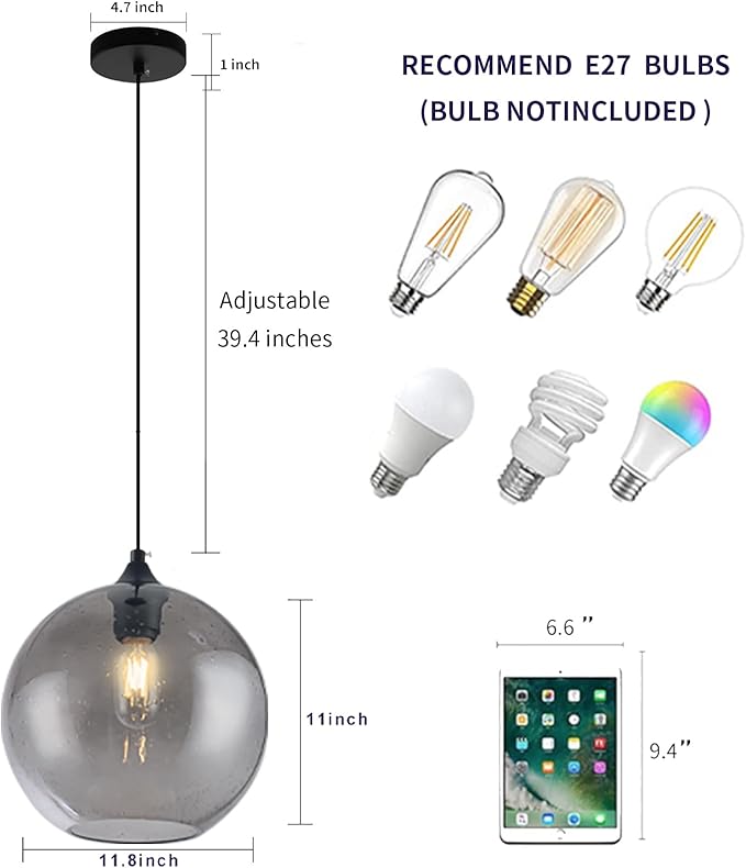Gray Glass Pendant Lights Kitchen Island Lighting Globe Pendant Light Fixtures Modern Pendant Lighting for Kitchen Island Bedroom Living Dining Room Light Fixture-11.8in