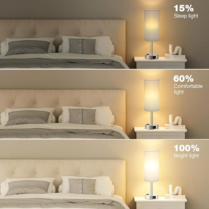 Light Grey Table Lamp for Nightstand - 3 Way Dimmable Touch Bedside Lamp USB C and A Charging Ports and AC Outlet, Small Desk Lamp with Silver Base for Office Nursery, LED Bulb Included