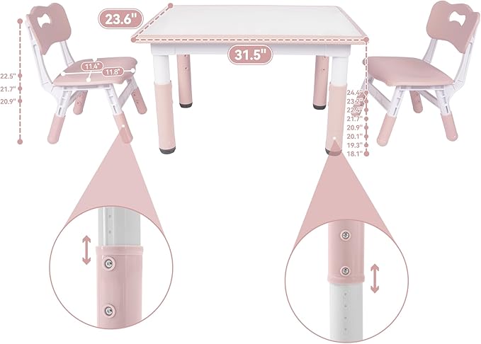 Kids Table and 2 Chairs Set, Height-Adjustable Toddler Table and Chair Set with Graffiti Desktop, 31.5''L x 23.6''W Children Activity Table for Daycare, Classroom, Home