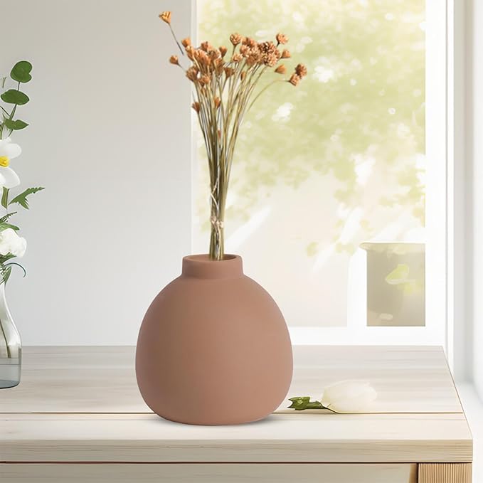 Ceramic Vase Set of 3, Rustic Modern Brown Vases for Bouquet, Fresh or Dried Plants, Home Decor-Modern Decorative Ceramic Flowers Vase for Rustic Home Decor (Brown- Grey)