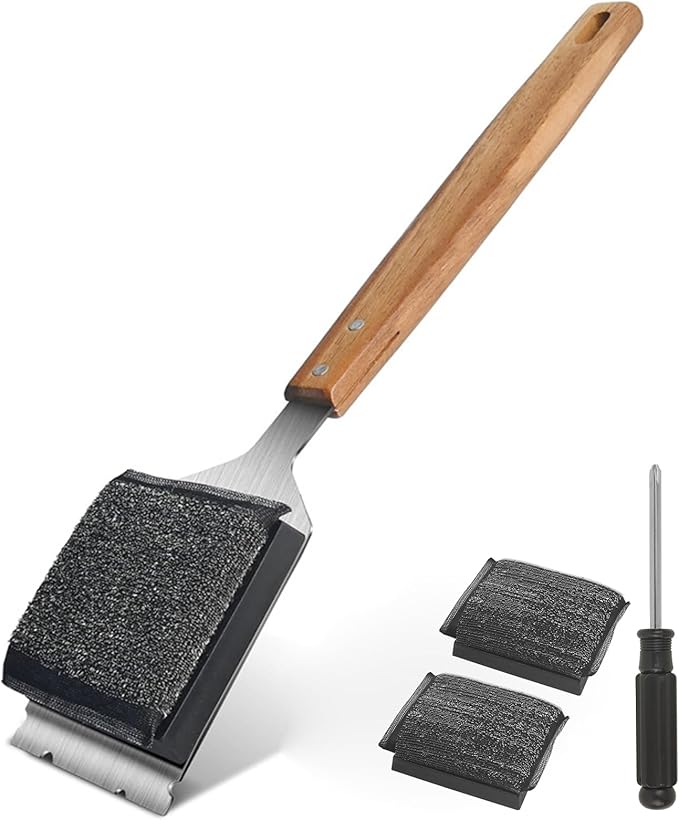 Grill Brush Cleaning BBQ Outdoor: GEEKHOM Bristle-Free Steel Fibers Scraper for Any Grill/Flat Top Griddles - with 1 Replaceable Head - Perfect for Safe & Efficient Grilling