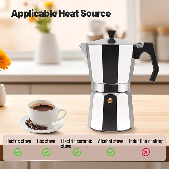 6 Cup Aluminum Moka Pot Classic Stovetop Espresso Coffee Maker 300ml 10oz Coffee maker Percolator Mocha Pot Greca Coffee Maker Cafe Makers for Italian and Cuban Café Brewing Silver