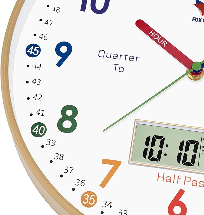 Foxtop Digital and Analog Learning Clock for Kids - Telling Time Teaching Clock 12 Inch Silent Non-Ticking Battery Operated Kids Wall Clock for Playroom Nursery Classroom School