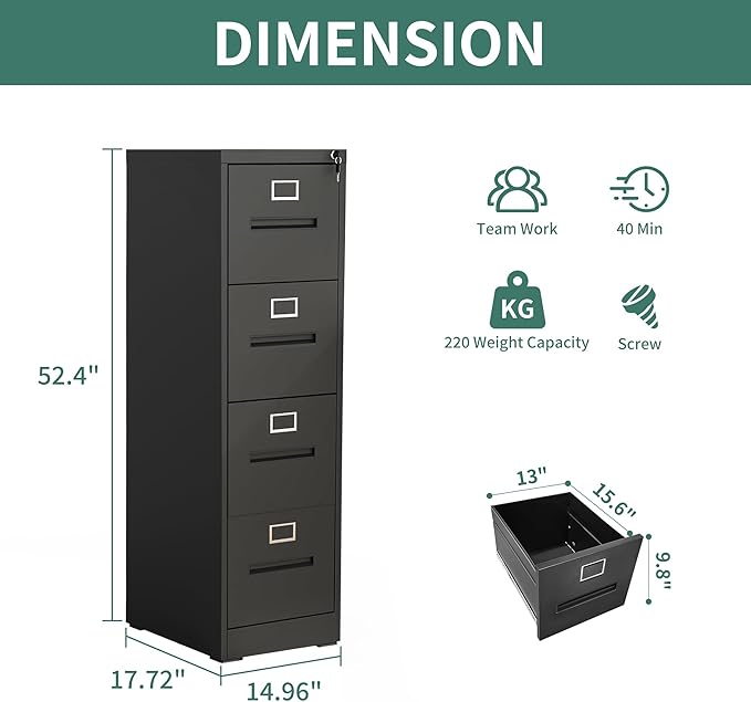 4 Drawer Vertical File Cabinet Home Office Metal Filing Cabinet, D17.7 Locking File Cabinets with Keys, Anti-Tilt Design, Steel Drawer Cabinet for A4/Legal/Letter,Need Assemble (Black)