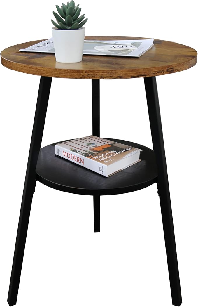 INHABIT UNION Round End Table,Accent Table Small Side Table for Living Room Bedroom, Balcony with Wooden Boards Storage Small Space (Rustic Brown)