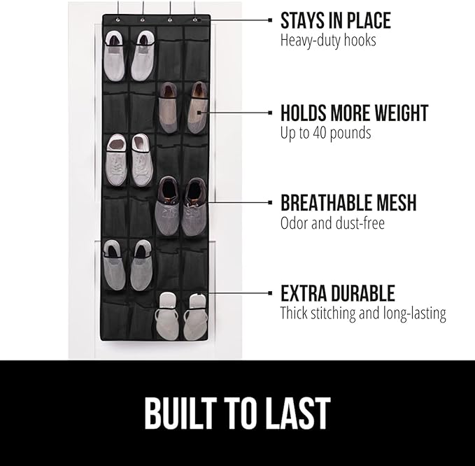 GORILLA GRIP Over the Door Shoe Organizer, 2 Pack, 24 Breathable Mesh Pockets, Space Saving Hanging Storage Holder, Closet Rack Hanger Holds Up to 40 lbs, Hangs on Closets, Shoes, Accessories, Black