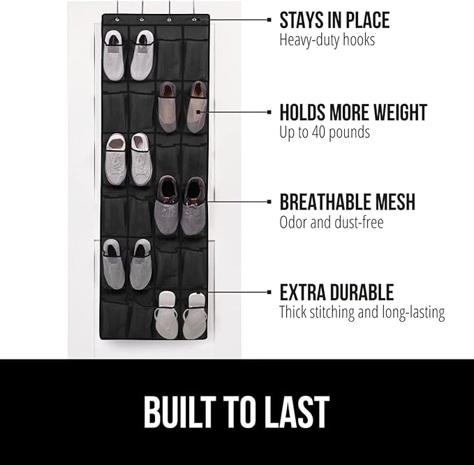 GORILLA GRIP Over the Door Shoe Organizer, 24 Large Breathable Mesh Pockets, Space Saving Hanging Storage Holder, Closet Rack Hanger Holds Up to 40 lbs, Hangs on Closets for Shoes, Accessories, Black