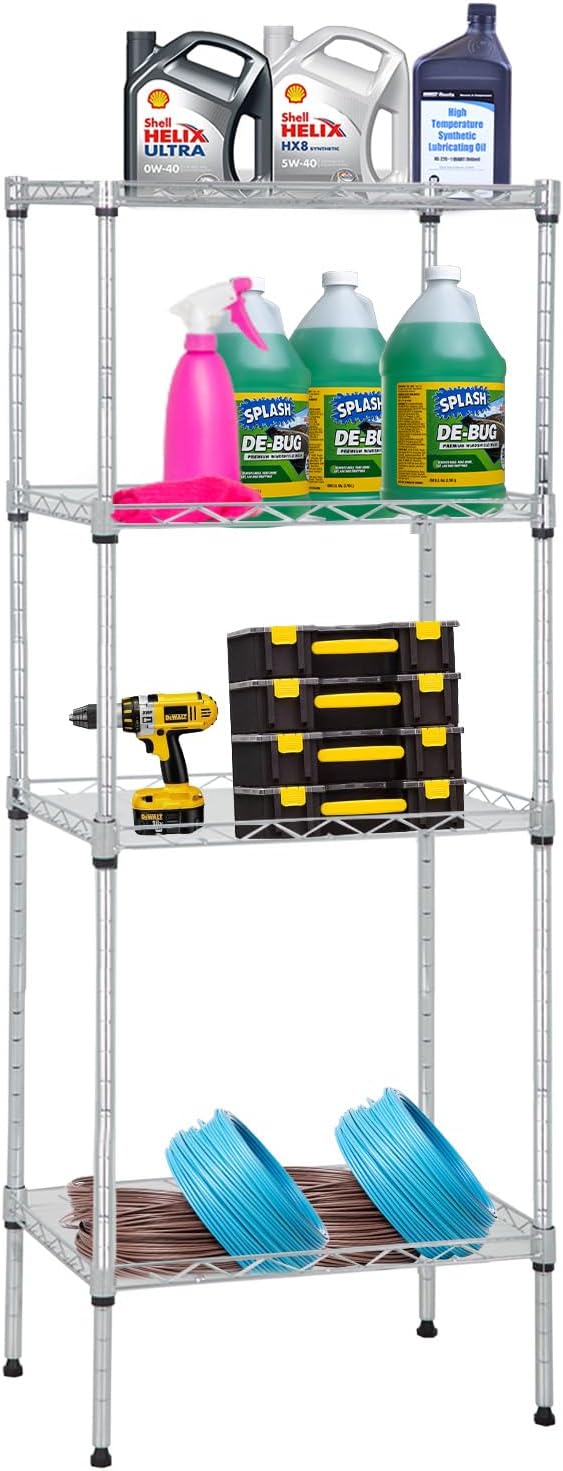 PayLessHere Metal Shelving Storage Shelves Garage Shelving 4-Tier Adjustable Shelf 600 lbs Total Bearing Capacity Multi-Functional Durable Easy Assembly, Chrome