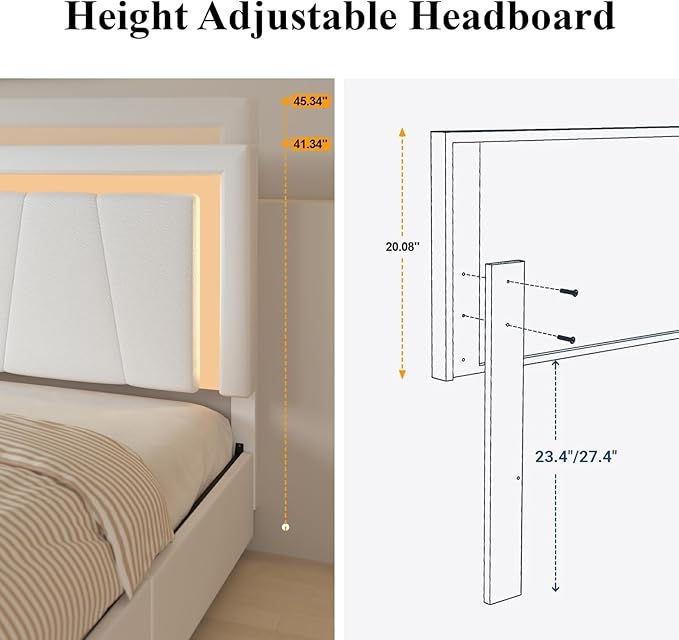 Queen Bed Frame with 4 Storage Drawers and Adjustable Headboard, Upholstered Platform LED Bed with Type-C&USB Ports, Solid Wooden Slats Support, Faux Leather, Easy Assembly, Beige