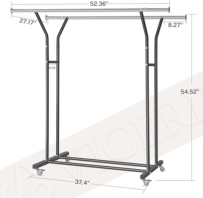 Clothing Rack, Heavy Duty Clothes Racks with Wheels and Bottom Shelf, 52.36’’ Metal Double Clothing Racks with Wheels, Wardrobe Rack for Hanging Clothes, Coats, Shirts, Skirts, Dresses, Black