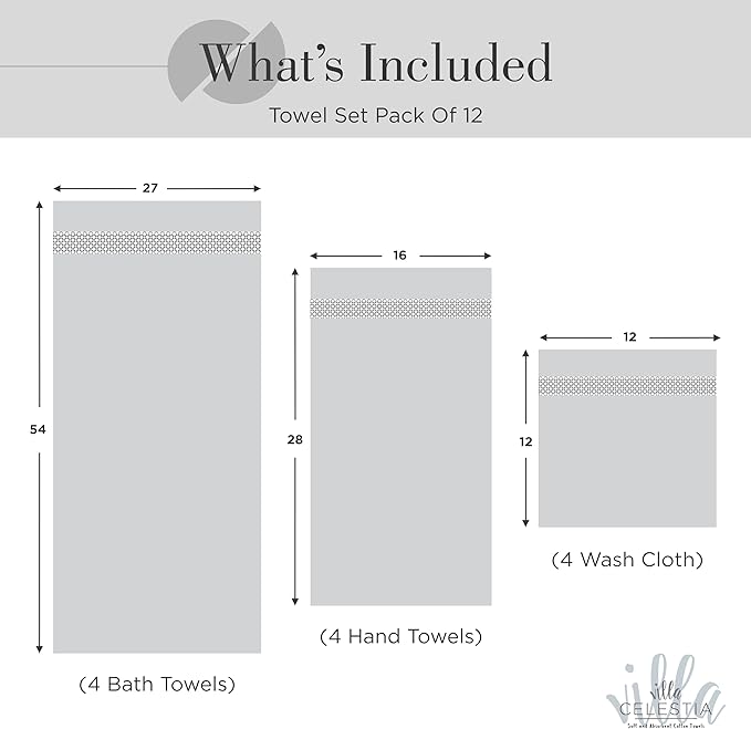 100% Cotton Bath Towel Set of 12-4 Bath Towels, 4 Hand Towels, 4 Wash Cloths, Sustainable, Soft, Highly Absorbent, Combed Cotton 12 Piece Set for Hotels, Spa, Bathroom, Dorm, Grey