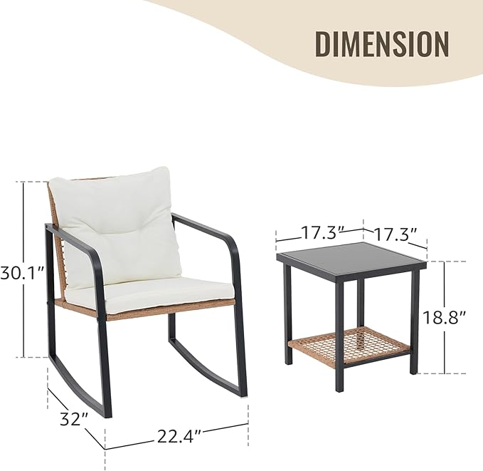 SUNSITT 3 Piece Outdoor Bistro Set, Wicker Patio Rocking Bistro Set w/Weather-Resistant Cushions, Metal Bistro Table & Chairs Set of 2, Woven Rattan Patio Rocking Chairs Set w/Outdoor Coffee Table