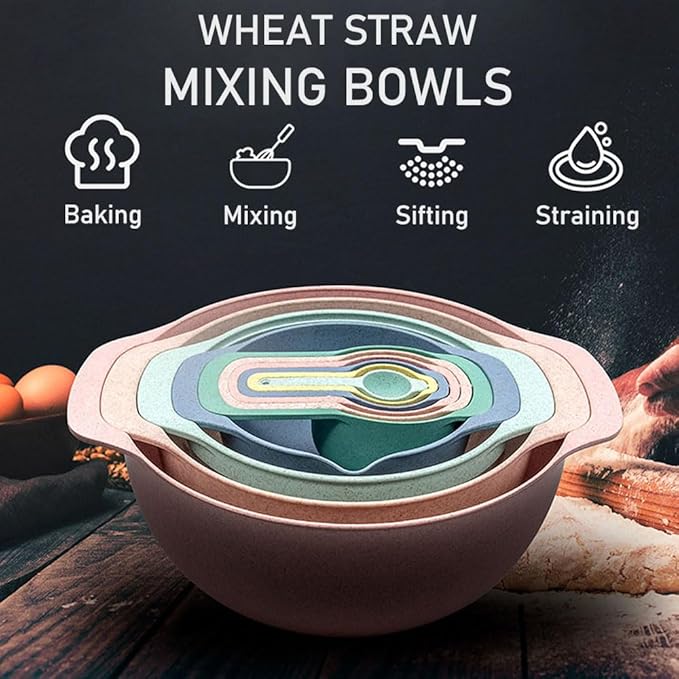 Plastic Mixing Bowls Set 10 PCS with Measuring Spoon, Colorful Serving Bowls for Kitchen, Ideal for Baking, Prepping, Nesting Bowls for Space Saving Storage