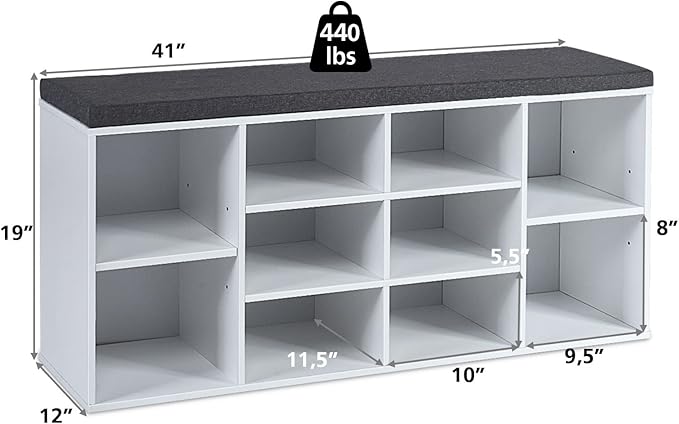 Giantex Shoe Storage Bench with Cushion, Entryway Shoe Rack Bench, Adjustable Shelves, 10-Cubbies Shoe Organizer Bench for Entryway, Living Room, Bedroom, Hallway, Closet, Mudroom (White)