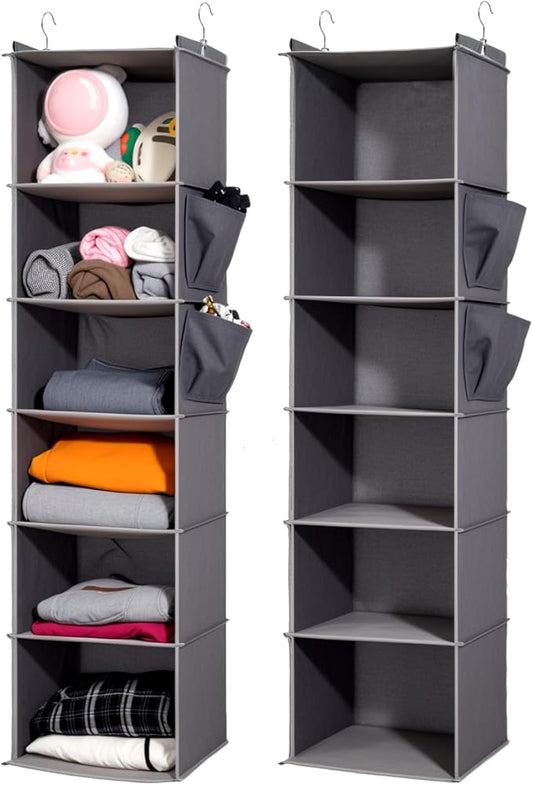 2 Packs Hanging Closet Organizer, 6-Shelf Closet Organizers and Storage with Side Pockets, Collapsible Hanging Shelves for Closet & RV & College Dorm,Grey