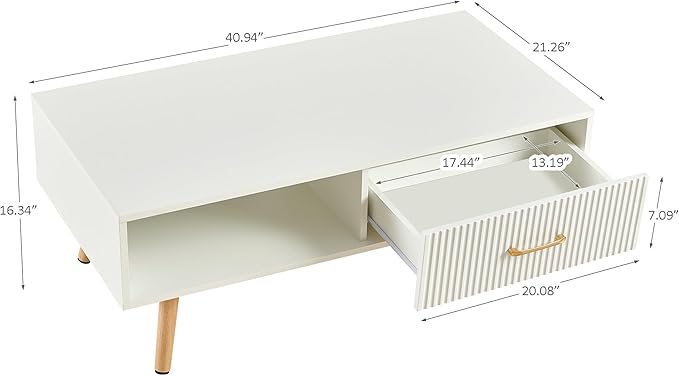 Mid Century Wooden Coffee Table with Stripe Drawer，Modern 41" Large Center Table with Storage，Rectangular White Coffee Tables for Living Room, 2-Tier Cocktail Table, Solid Wood Legs