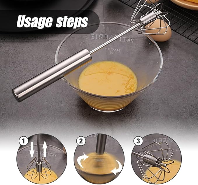 2025 Upgrade Stainless Steel Egg Whisk, Semi-Automatic Hand Push Mixer Stirrer Whisk Blender, Stainless Steel Whisks Blender for Blending, Beating & Stirring (12inch)