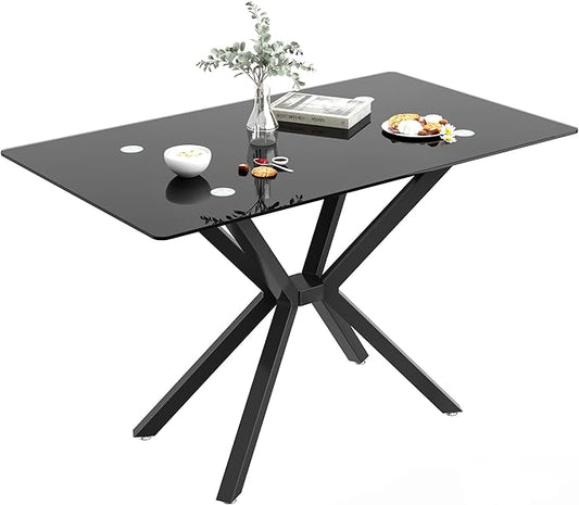 Modern Rectangular Glass Dining Table with Tempered Glass Top and Metal Legs - Perfect for Home, Kitchen, or Dining Room