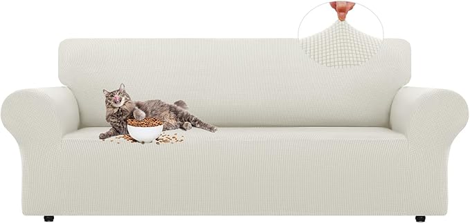 LURKA Stretch Sofa Slipcovers 1 Piece Couch Covers for 3 Cushion Couch Sofa Furniture Protector Full Sofa Covers with Elastic Bottom for Kids and Dog (Large, Ivory)