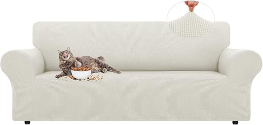 LURKA Stretch Sofa Slipcovers 1 Piece Couch Covers for 3 Cushion Couch Sofa Furniture Protector Full Sofa Covers with Elastic Bottom for Kids and Dog (Large, Ivory)