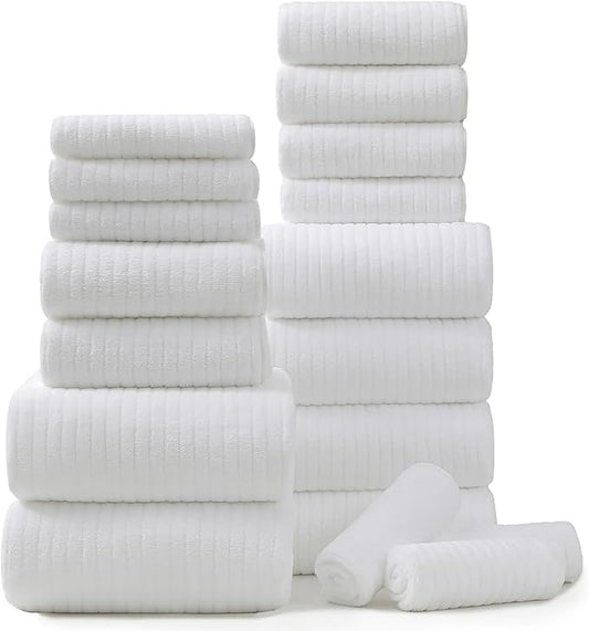 18 Piece Bath Towels Set,Ultra Soft Family Bathroom Towel Set with Hanging Loops-6 Bath Towels,6 Hand Towels,6 Washcloths,Highly Absorbent Quick Dry Shower Towel for Bathroom,Hotel,Spa-White Towel Set