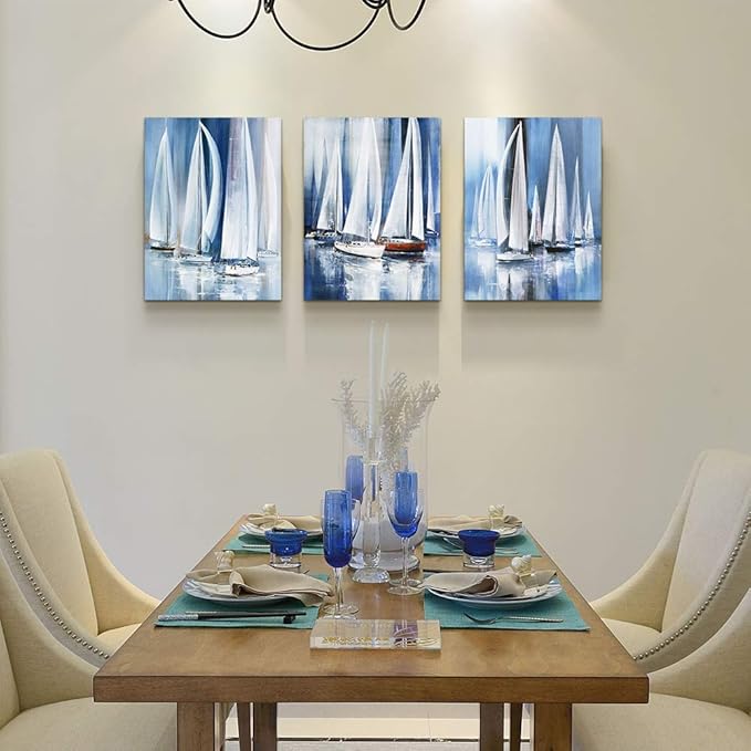 3 Piece Framed canvas wall art for living room bathroom bedroom Wall Art Decor Ocean landscape sailboat abstract Canvas painting Ready to Hang Office Home Decoration sea poster Pictures Wall Artworks