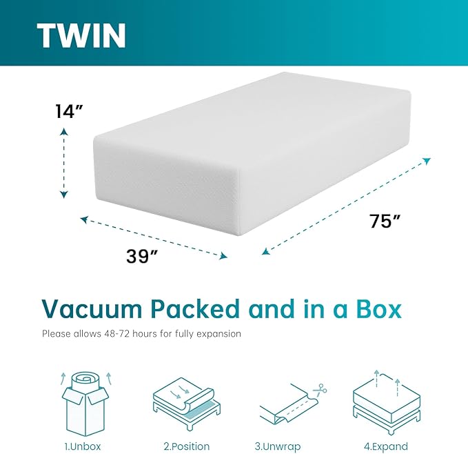 FDW 14 inch Gel Memory Foam Mattress Medium Firm Mattresses for Cool Sleep Relieving No Fiberglass CertiPUR-US Certified Mattress in a Box,Twin