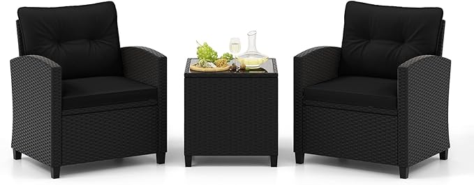 Tangkula 3 Piece Patio Furniture Set, Rattan Conversation Set w/Soft Seat & Back Cushions, Tempered Glass Topped Coffee Table, Cushioned Wicker Seating Set for Backyard, Porch, Poolside (Black)