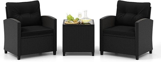 Tangkula 3 Piece Patio Furniture Set, Rattan Conversation Set w/Soft Seat & Back Cushions, Tempered Glass Topped Coffee Table, Cushioned Wicker Seating Set for Backyard, Porch, Poolside (Black)