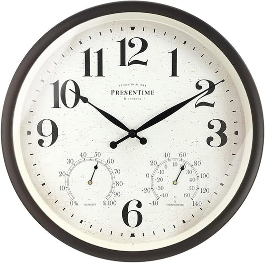 Presentime & Co 16" Farmhouse in/Outdoor Clock, Wall Clock & Weather Station, Weather Thermometer, Wall Décor and Timepiece for Farmhouse Decoration, Oil Rubbed Bronze Finish