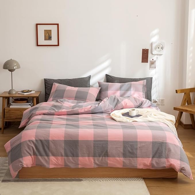 FACE TWO FACE Bedding Duvet Cover Set100% Washed Cotton Duvet Cover Linen Like Textured Breathable Durable Soft Comfy (California King, Grey Powder Grid)