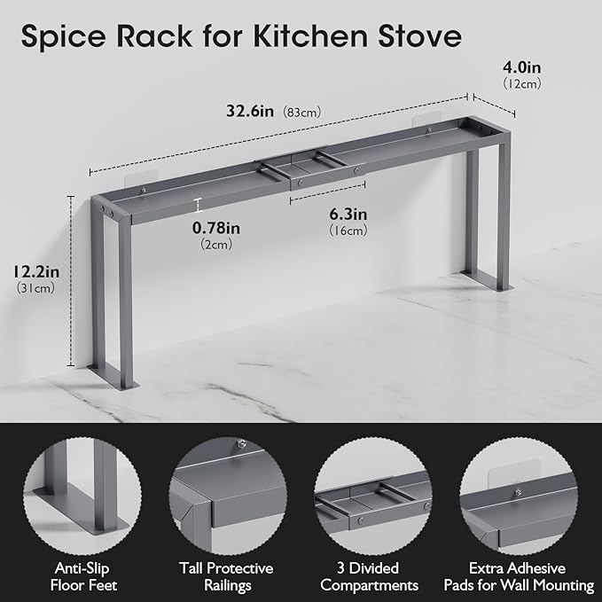 Bumusty Spice Rack Shelf for Kitchen Stove, 32" Stove Top Shelf, Adjustable Oven Spice Rack, Seasoning Organizer Kitchen Shelves, Grey