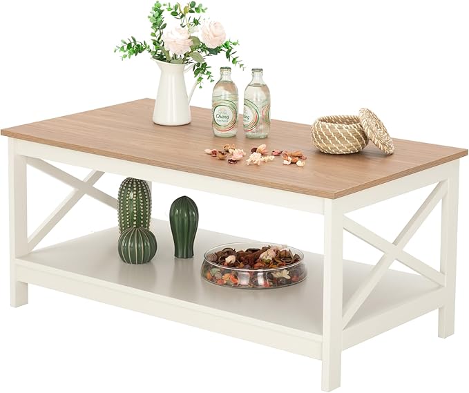 GREEN PARTY Coffee Tables for Living Room, Simple Wooden Stable Coffee Table with Shelf,Open Storage Space with Large Capacity Coffee Table,40 Inches, White
