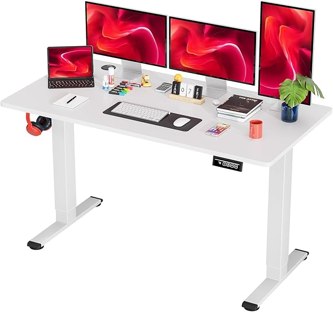 PayLessHere 55 Inch Electric Standing Desk Computer Desk with Large Space and Headphone Holder Office Desk with Electric Lifting and 2 Memory Function for Office Bedroom Meeting Room,White