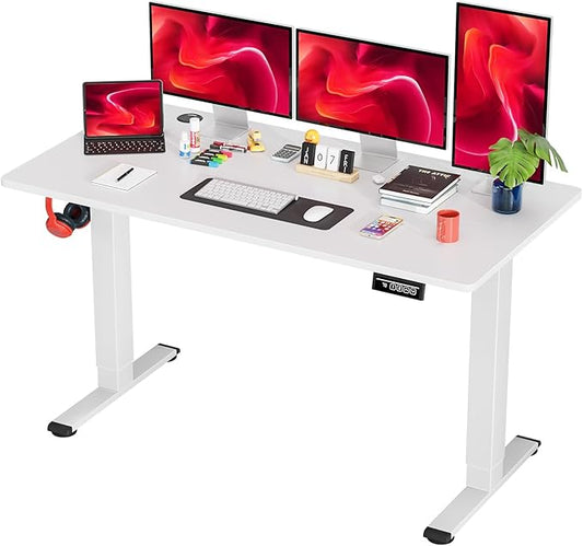PayLessHere 55 Inch Electric Standing Desk Computer Desk with Large Space and Headphone Holder Office Desk with Electric Lifting and 2 Memory Function for Office Bedroom Meeting Room,White
