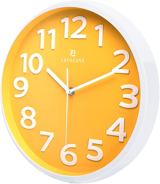 Lafocuse 12 Inch 3D Numbers Yellow Wall Clock for Living Room Decor, Modern Kitchen Wall Clock Battery Operated Silent Non-Ticking Bedroom Home Office