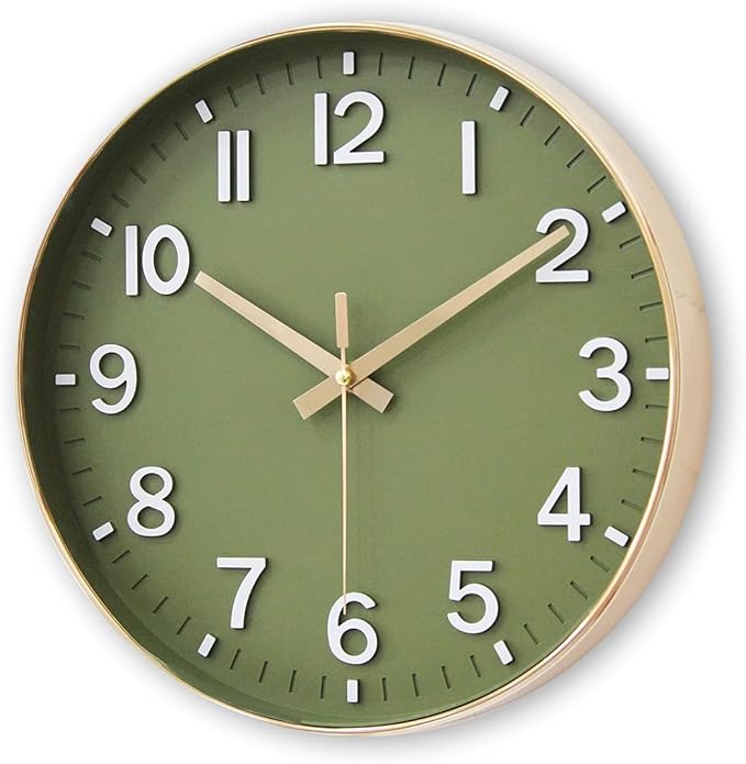 HZDHCLH Wall Clocks Battery Operated,12 inch Silent Non Ticking Modern Wall Clock for Living Room Bedroom Kitchen Office Classroom Decor (Olive Green and Gold)