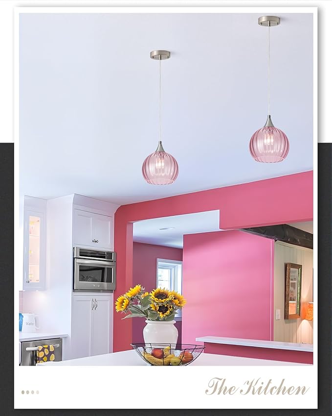 Brushed Nickel Pendant Lights Kitchen Island, Globe Pendant Light Fixtures with 8 Inch Clear Glass Shade, Modern Hanging Light Fixtures for Kitchen, Bedroom (1 Pack - Pink Glass Pendant Light)