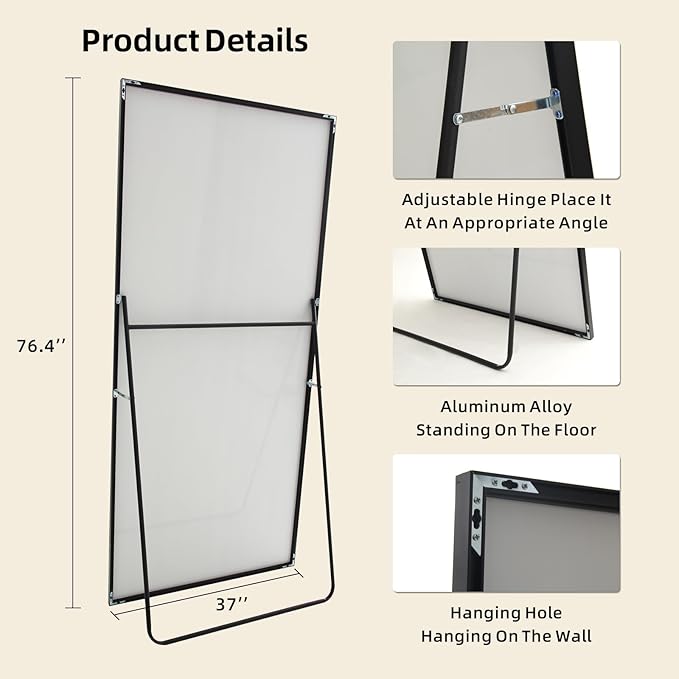 Beauty4U 76" x 37" Large Full Length Mirror With Stand, Black Wall Mounting Full Body, Metal Frame for Living Room, Bedroom