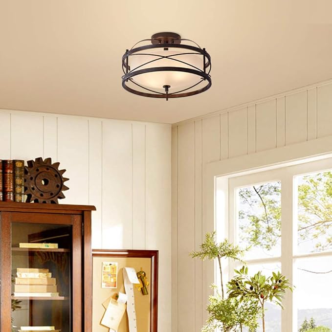 Entryway Drum Light Fixtures, Semi-Flush Mount Rustic Ceiling Light for Hallway Living Room Bedroom Kitchen, Old Bronze Finished (Brown)