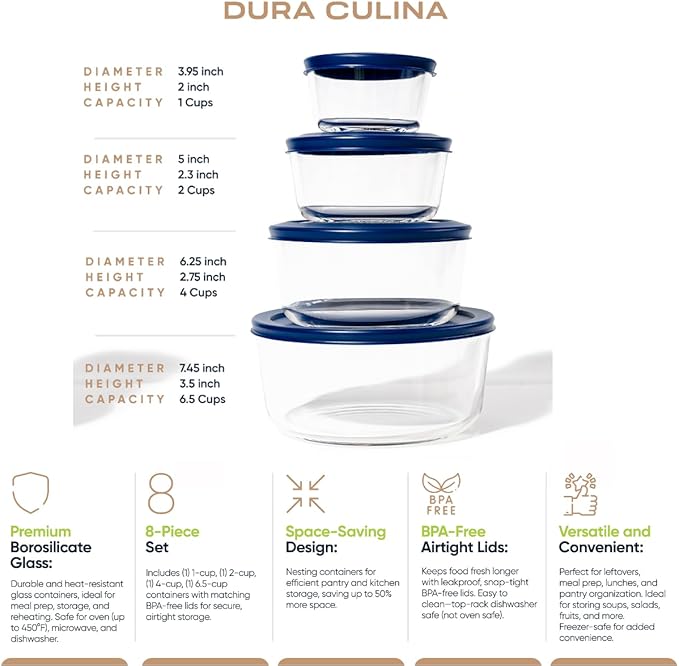 8-Piece Glass Food Storage Containers Set (4 Containers + 4 Lids) | Round, Nesting, Microwave & Dishwasher Safe | BPA-Free, Space-Saving | Blue Lids for Pantry & Kitchen Organization