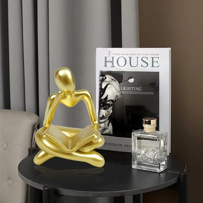 Gold Decor Thinker Statue Reading Women Figurine Abstract Art Sculpture Home Decor Modern Gold Decor Accents Golden Thinker Figurines for Living Room Shelves Bookshelf Office Shelf Desktop