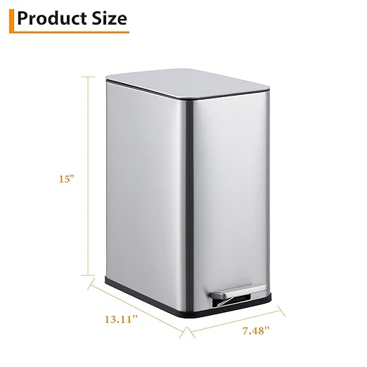 2.6 Gallon Kitchen Trash Can, Stainless Steel Garbage Can with Soft-Close Lid, Step Rubbish Bin with Removable Inner Bucket, Narrow Recycle Bins for Kitchen, Bathroom, Bedroom